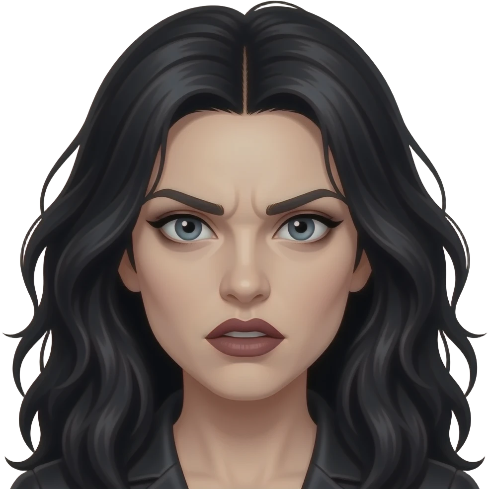 Bellatrix Lestrange emoji, Apple style, clean 3D, soft gradients, adult woman, wild black hair, intense eyes, manic expression, minimal icon, centered, white background, high detail emoji