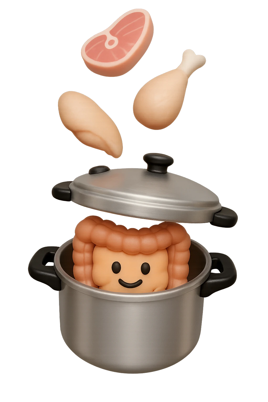 emoji stile iphone in 3d di una pentola a pressione dentro cui cadono agnello, pollo, tacchino crudi e un intestino umano felice da cuocere, iperrealistico 4k emoji