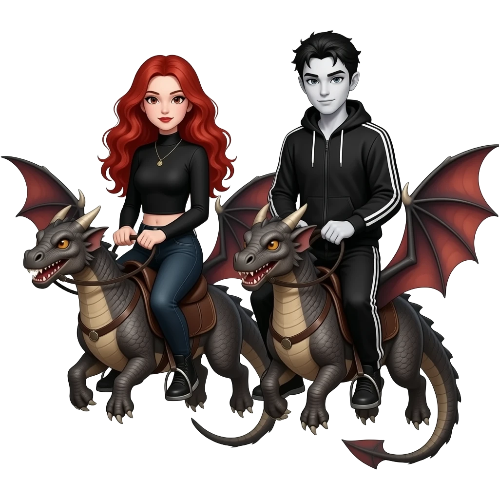 Vampiro adolescente femmina con pelle bianca e capelli rosso ondulati lunghi che indossa dei jeans neri a zampa d' elefante e un top stretto con le maniche lunghe stile militare con suo fratello VAMPIRO maschio con la pelle bianca e una tuta da ginnastica nera che cavalcano 2 draghi volanti emoji