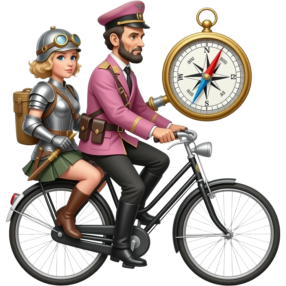 steampunk - Abraham Lincoln in a pink German World War II uniform transports the thin and serious Joan of Arc on a vélocipède, Joan of Arc carries a huge school compass in her hands emoji