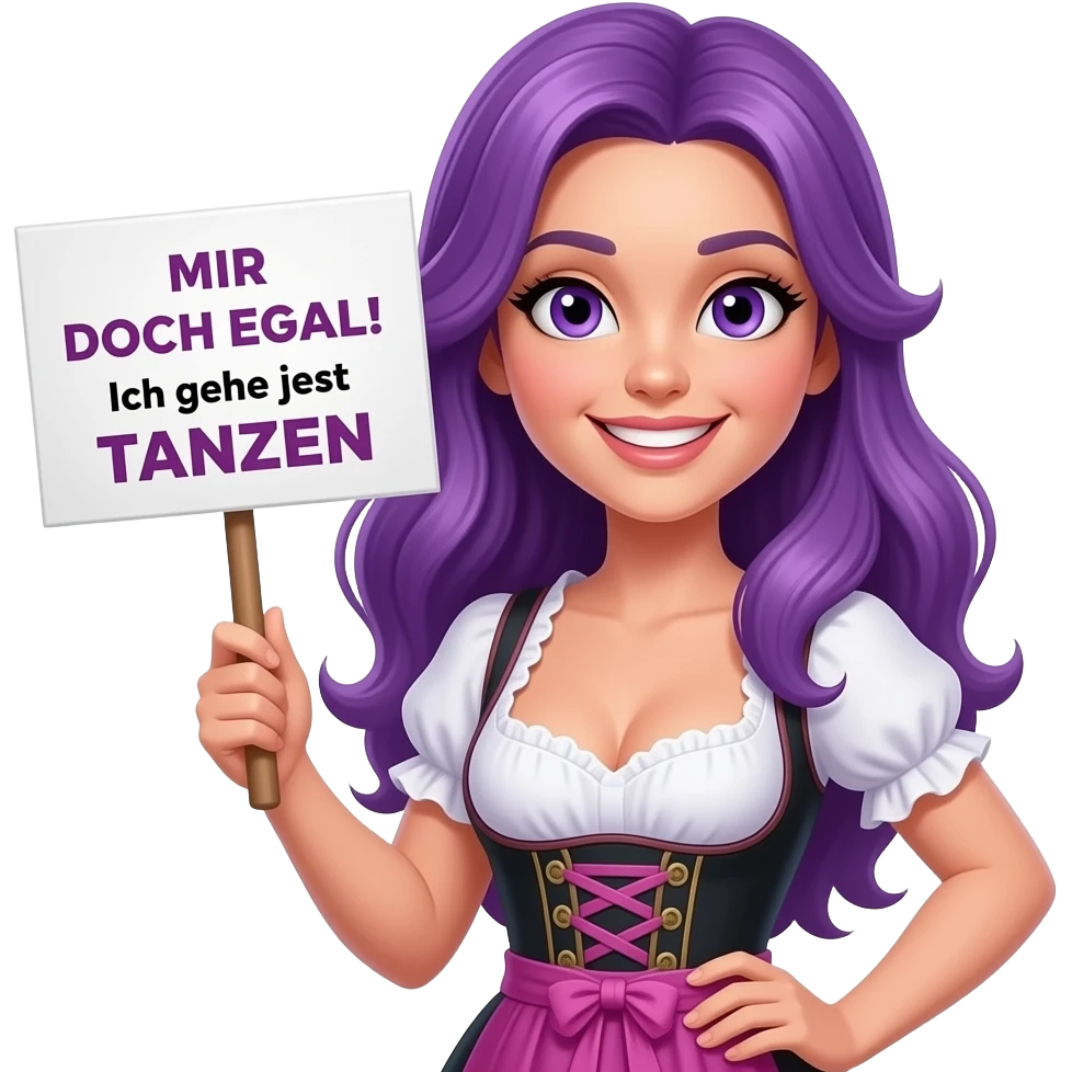 sexy girl with long purple hair and purple eyes wearing a dirndl holding a MIR DOCH EGAL! Ich gehe jetzt TANZEN sign emoji