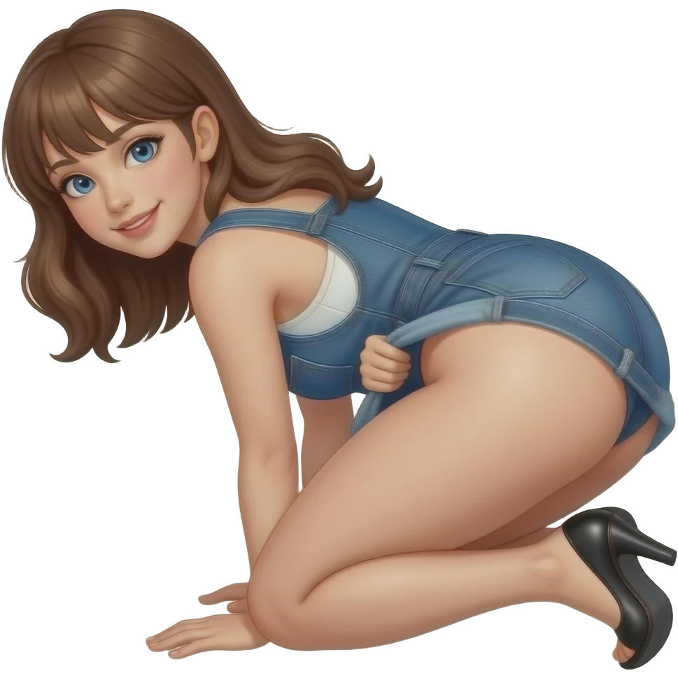 Girl wearing Dress pulled up to show exposed bare bottom girl bent over, brown hair blue eyes emoji