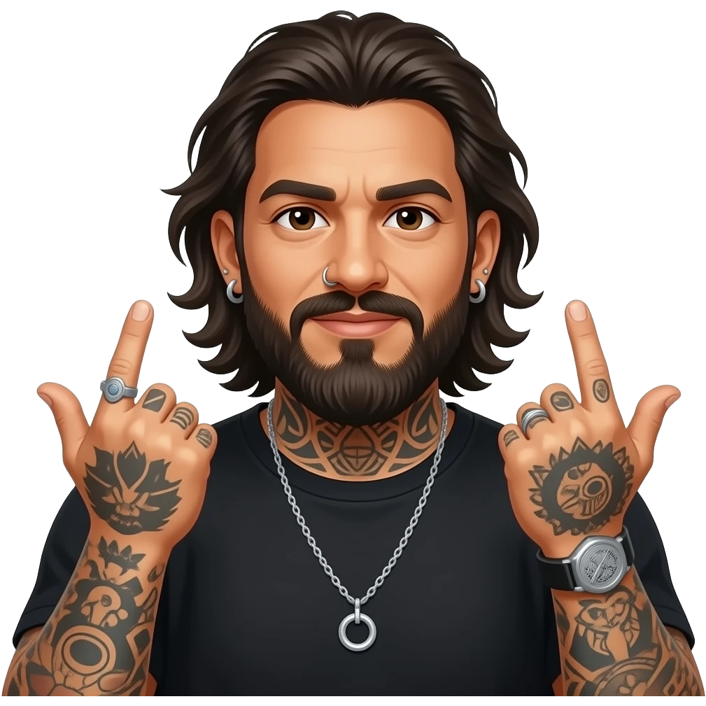 The handsome Latino podcast host with medium length hair, a long beard and tattoos with his ears pierced and a nose ring on the right side flipping somebody off emoji