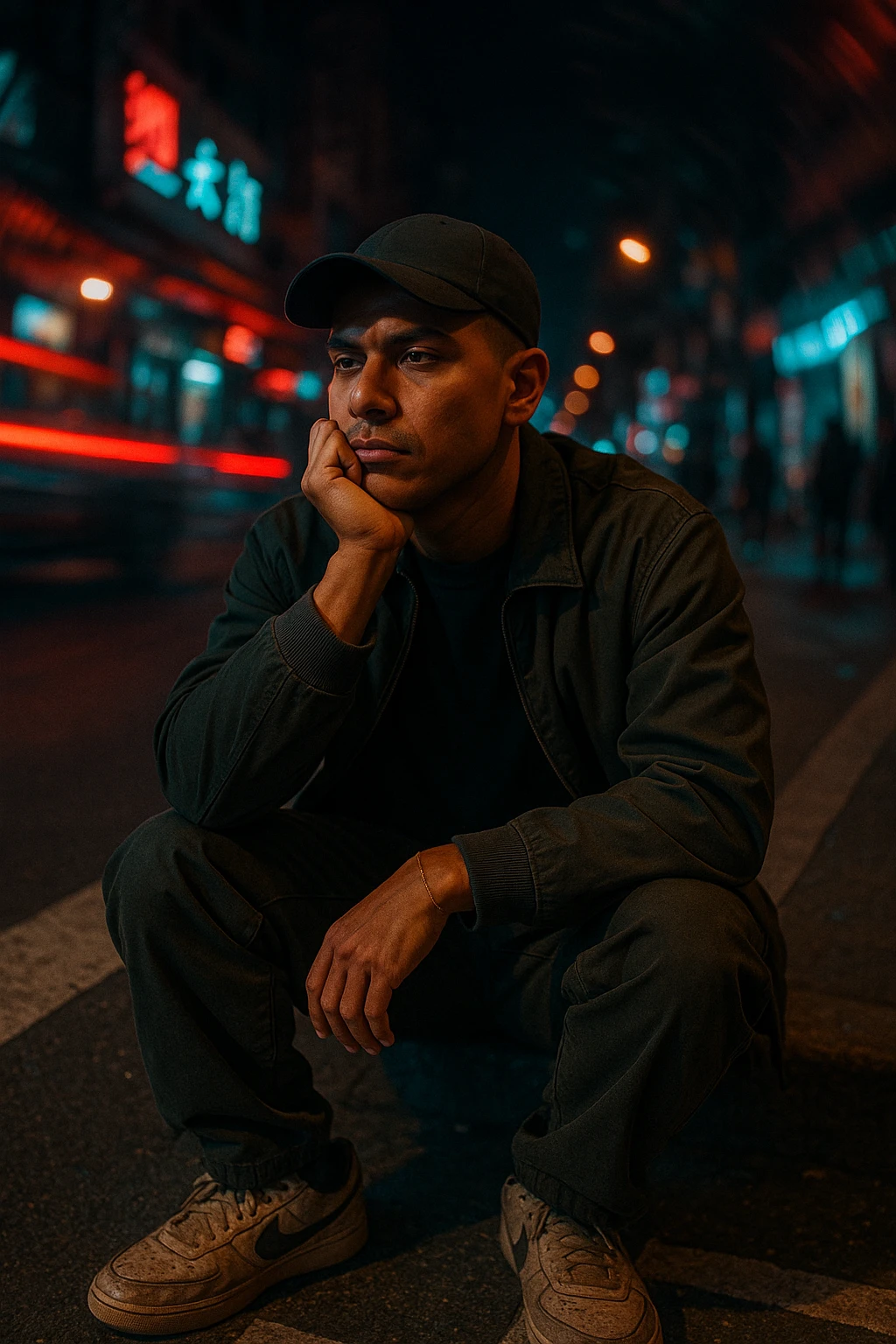 A cinematic night photo of a Southeast Asian man in his early 30s, with a medium tan (sawo matang) skin tone, sitting on the edge of a city sidewalk at night. He is wearing casual streetwear: a dark bomber jacket over a plain oversized T-shirt, loose-fit cargo pants, and worn-in sneakers. A black baseball cap is worn forward, slightly tilted. He sits with one knee up, resting one arm casually across it while the other hand props up his head — his chin resting on his knuckles, as he stares blankly toward the street ahead, deep in thought or zoning out.
The urban background is chaotic and colorful — glowing neon signs, streaks of red and blue light from passing cars, blurred silhouettes of pedestrians. A spiral or radial motion blur effect surrounds the background, emphasizing the stillness of the subject amidst the fast-moving city life.
Cinematic lighting highlights his face softly, with a warm glow on his skin while the surroundings remain moody and dark. The scene has a raw, introspective feel — like a frame from a neo-noir urban film. The ground beneath him is gritty and textured, the crosswalk lines and asphalt adding realism to the scene. emoji