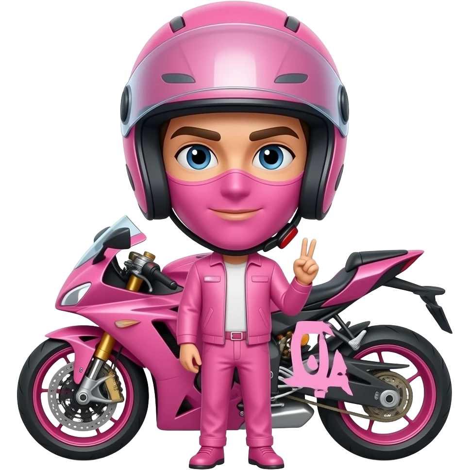sexy boy with a motorcycle helmet in pink clothes and a pink motorcycle wearing a pink mask holding a ROMAN sign emoji