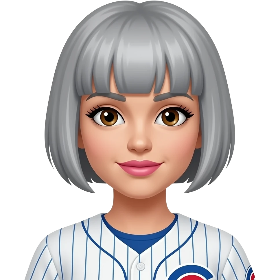 Chicago cubs player woman,  gray pixie cut hair, brown eyes pink lips long lashes emoji