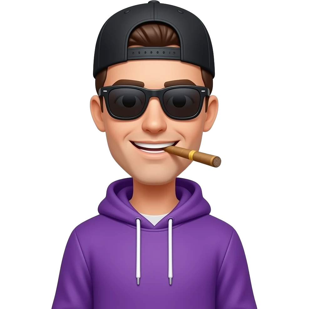 tall skinny guy with black basecap, purple hoodie, sunglasses is smoking a blunt and smiles emoji