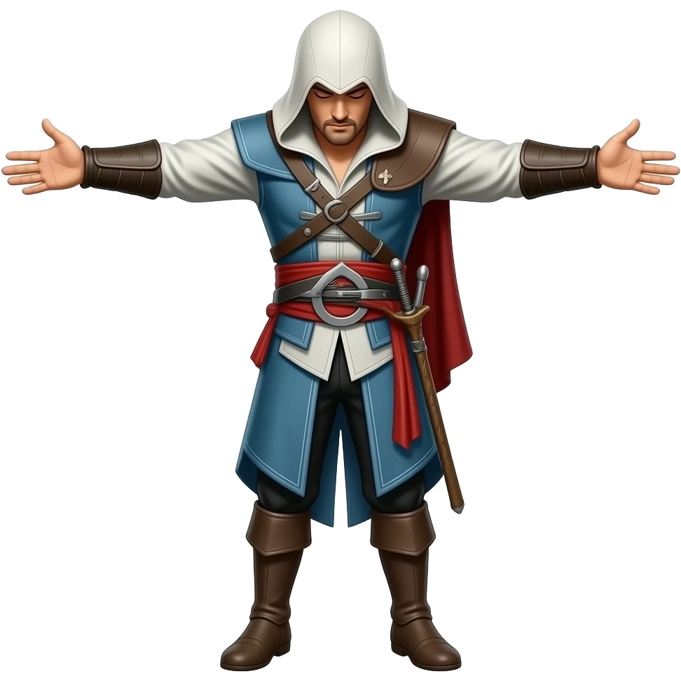 Ezio auditore da firenze standing with arms spread to the hips and with head down emoji