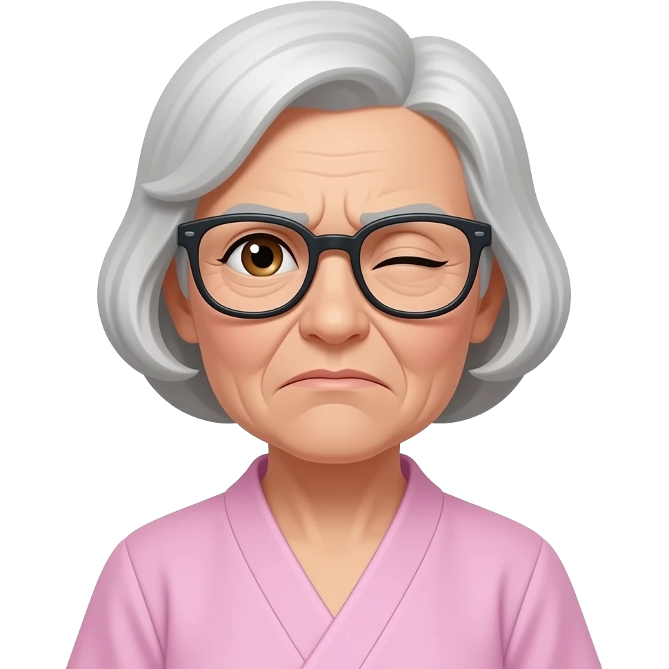 create an 72 year old dutch female stroke patient with glasses one eye closed more than the other, frown and brown eyes and pink gown emoji