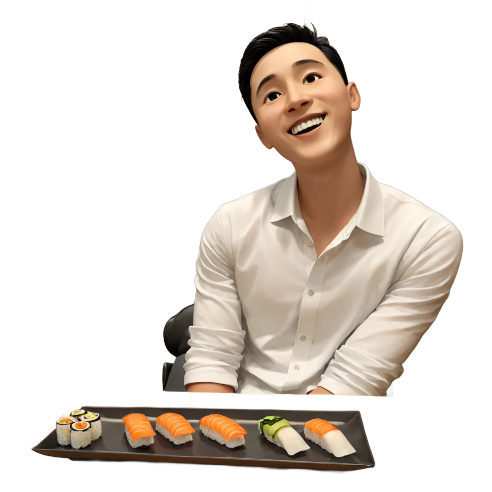smiling boy enjoying sushi indoors emoji