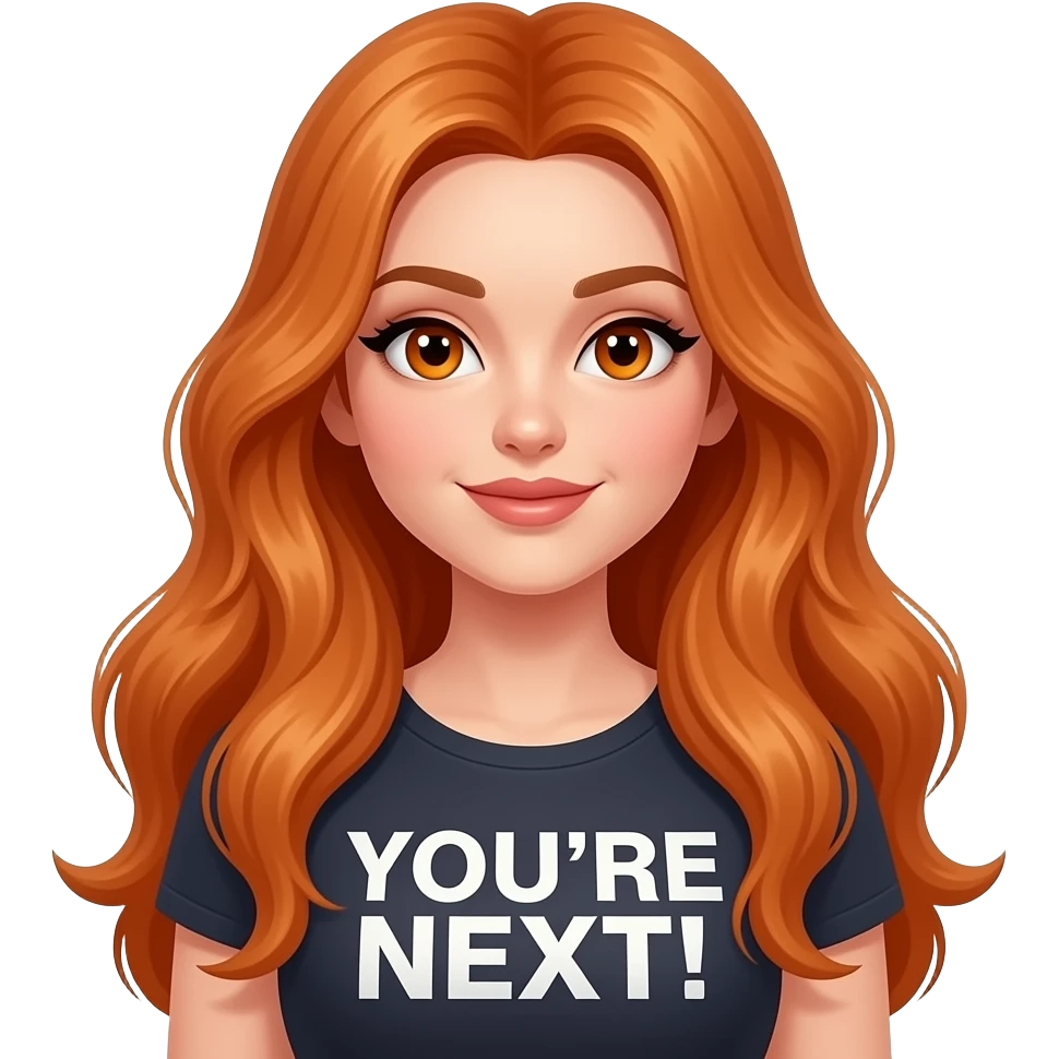 sexy girl with overlong ginger hair and ginger eyes a top with YOU'RE NEXT! written on it emoji