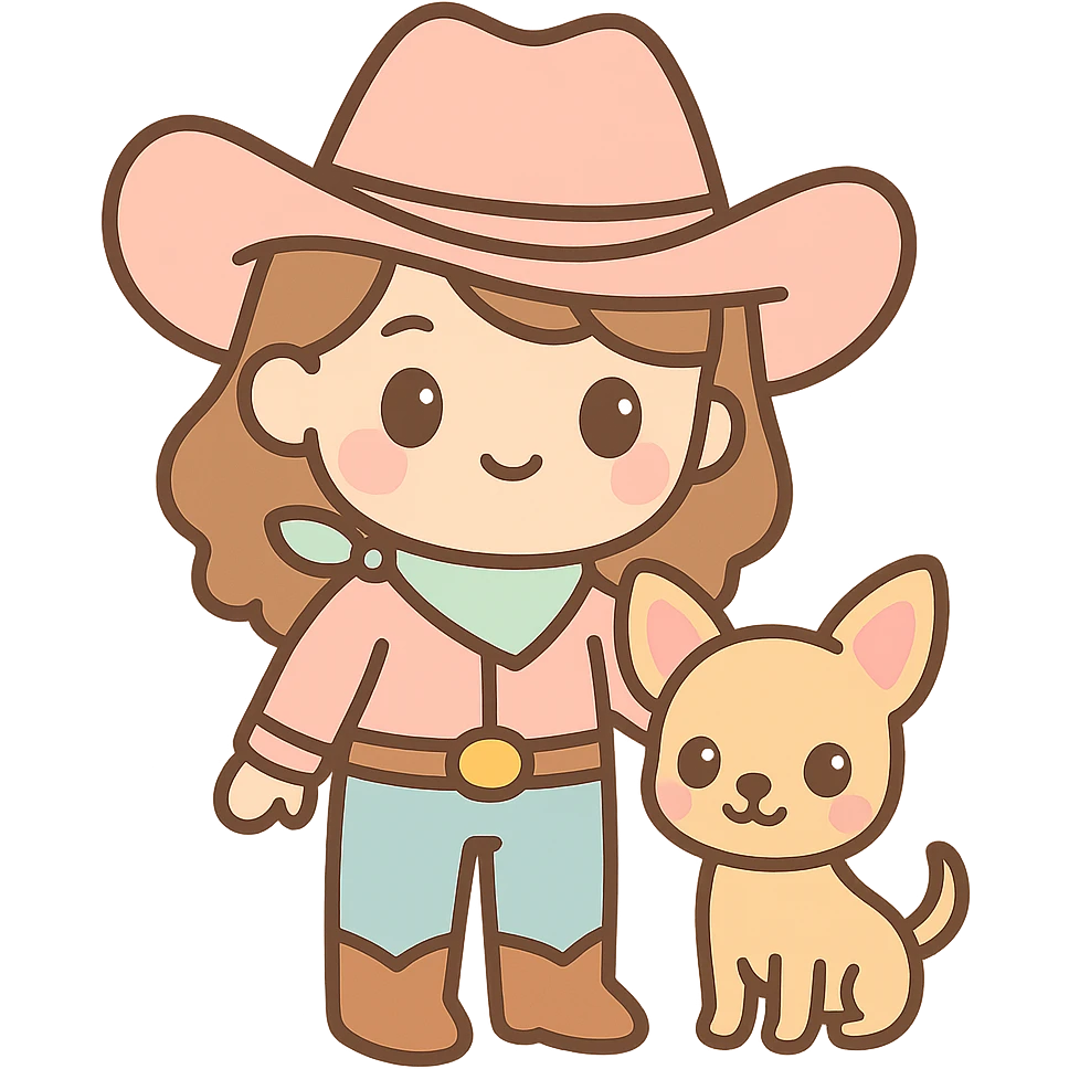 femme cowboy avec son chihuahua, style kawaii emoji
