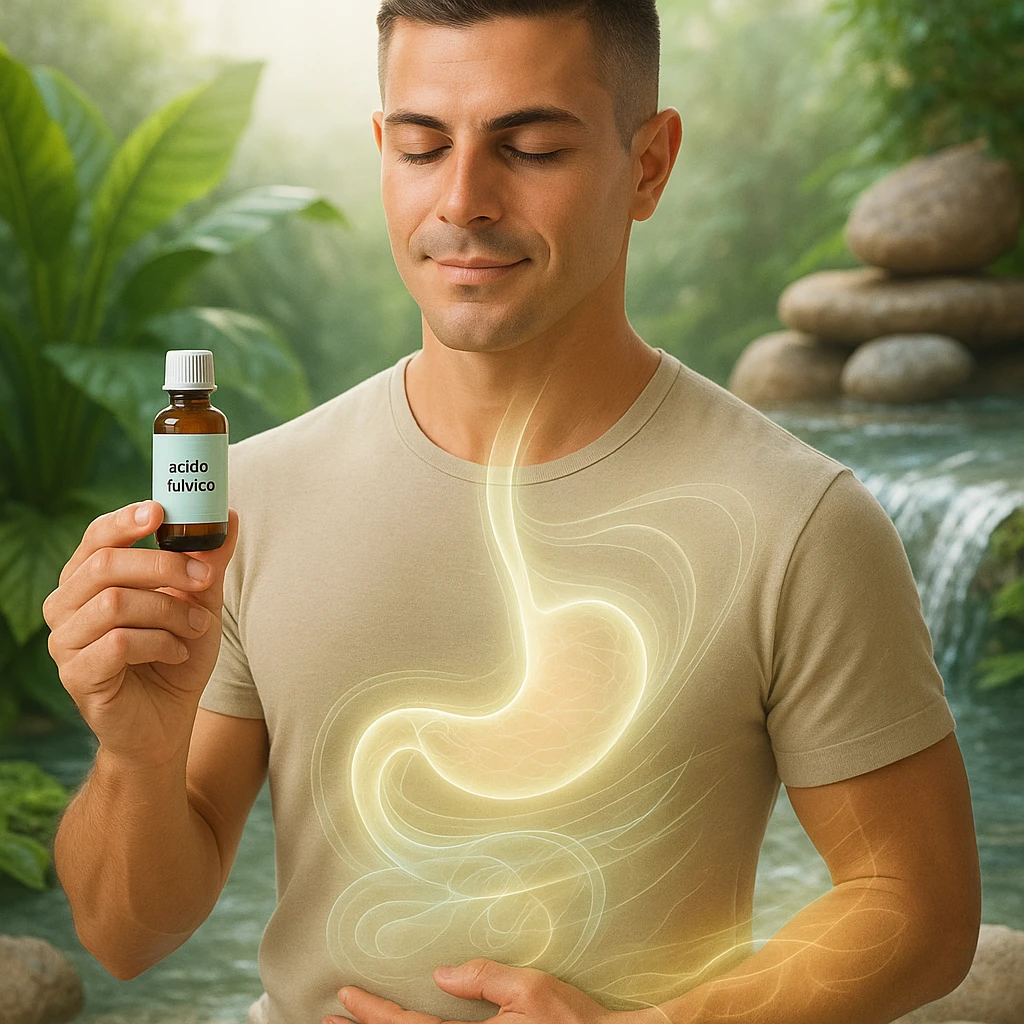 Uomo attento alla salute che tiene in mano una boccetta con etichetta 'acido fulvico' in un ambiente luminoso e naturale. Usa il suo viso dal riferimento. Espressione calma e rigenerata, luce soffusa, energia traslucida che attraversa addome, fegato e pelle. Sullo sfondo elementi naturali come piante, acqua pulita e minerali. Stile wellness pulito, semi-realistico, atmosfera olistica e rigenerante, testo in italiano. emoji
