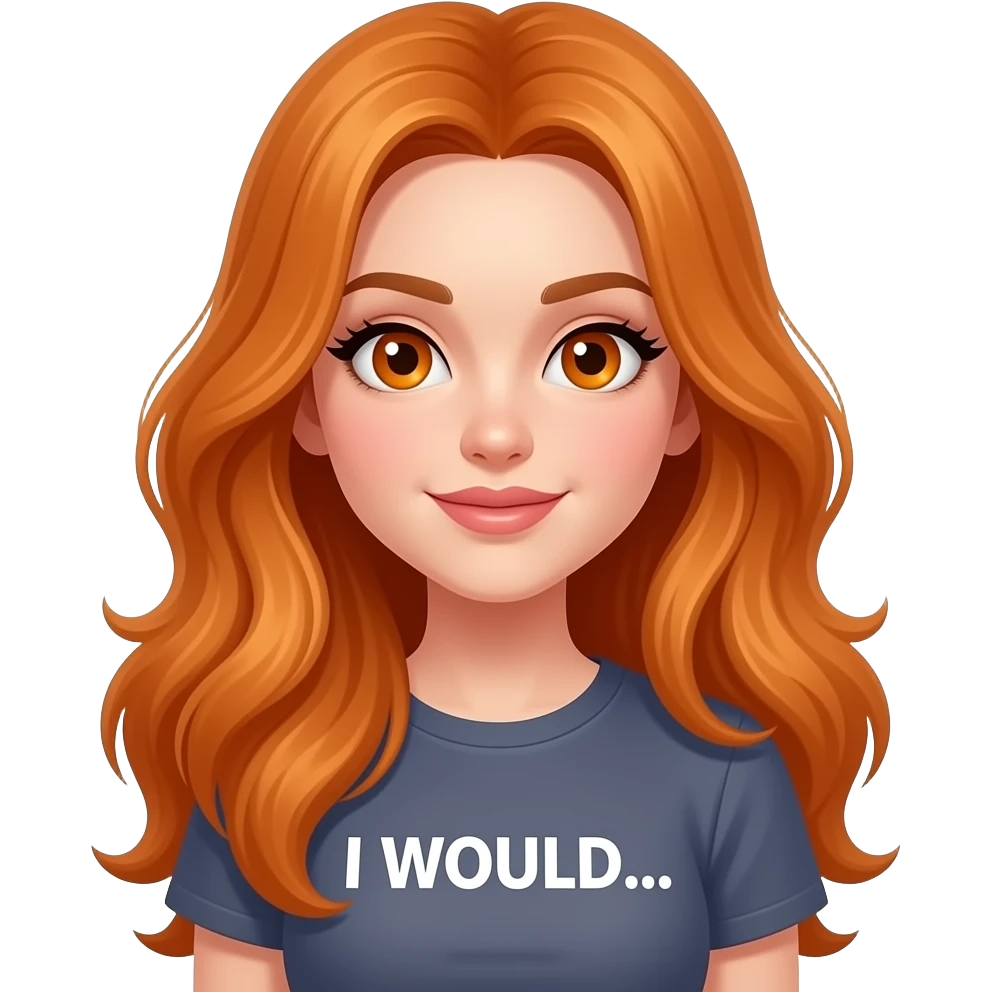 sexy girl with overlong ginger hair and ginger eyes a top with I WOULD... written on it emoji
