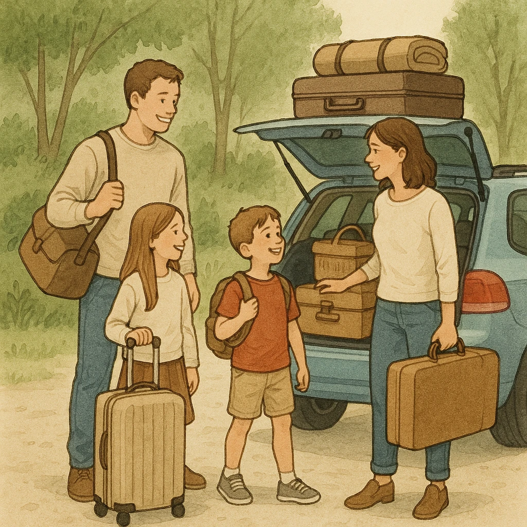 una familia viajando, estilo realista simple, simple realistic style emoji