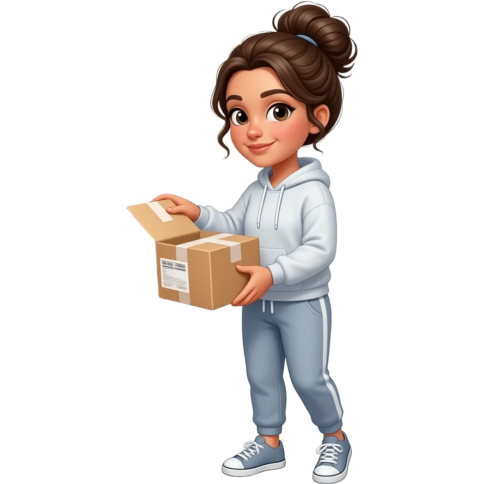beautiful woman in a sweatshirt, sweat pants and a bun picking up her package outside her door emoji