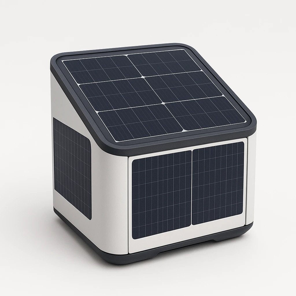 solar powered module, clean energy device, modern design, visible solar panels, compact and efficient, on a white background emoji