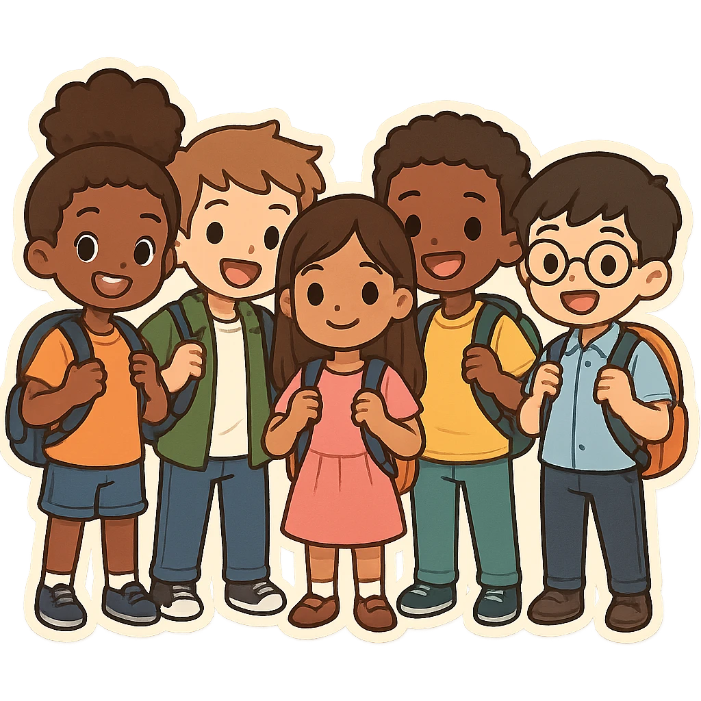 group of 5 diverse school students standing together smiling wearing backpacks cartoon style emoji
