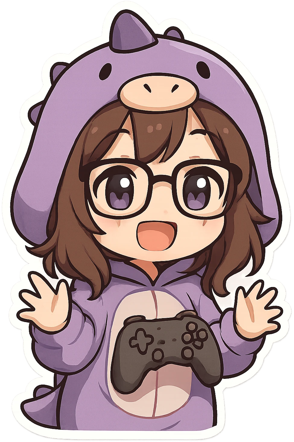 Create a chibi anime style gamer girl with glasses, brown hair, dark purple eyes, wearing a purple dinosaur costume. She should look happy with eyes open, hands visible and expressive, and no controller. The background should be transparent (no background). emoji
