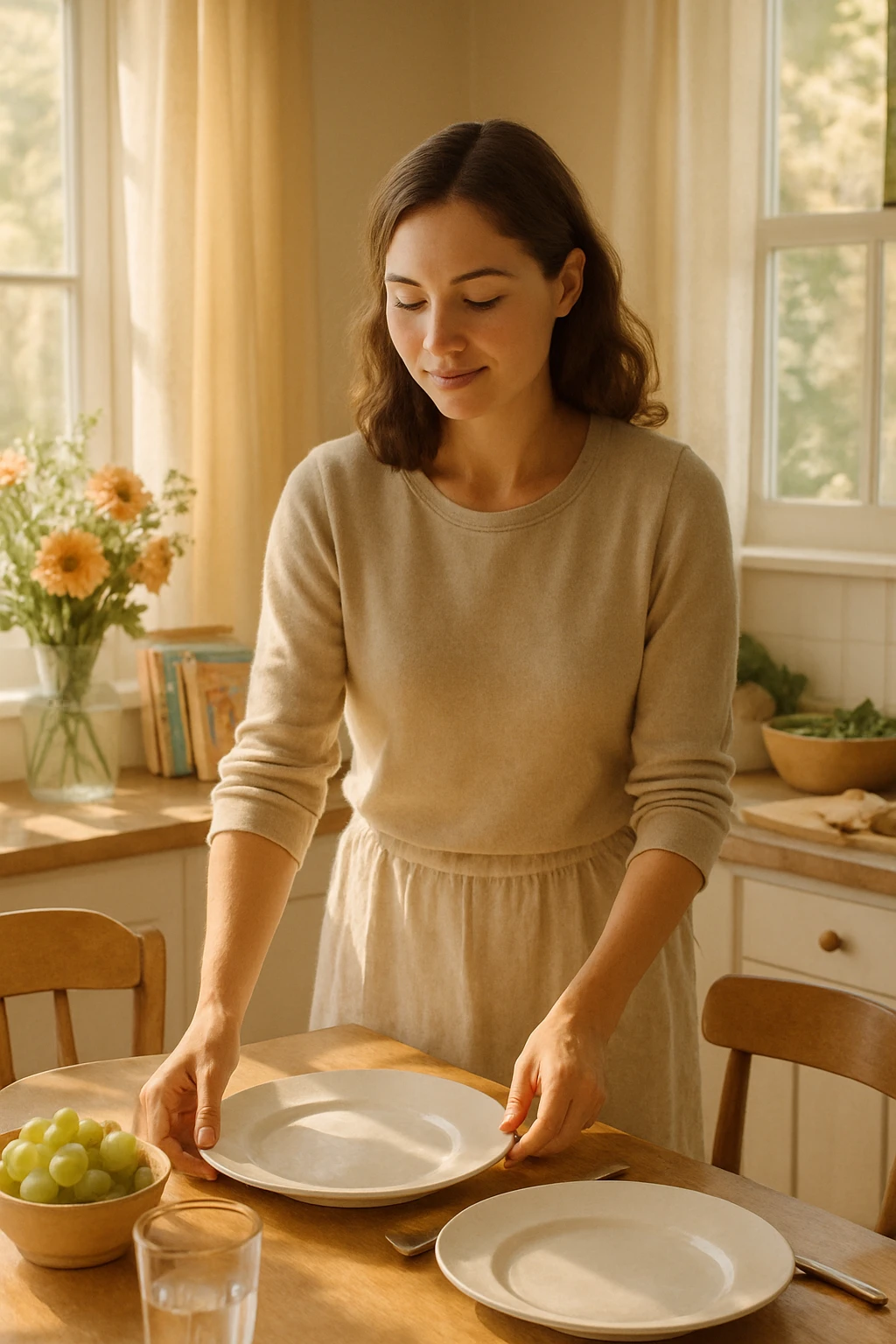 "Donna tra i 30 e i 40 anni, all’interno della sua casa luminosa, mentre prepara la tavola o accudisce i figli con un’espressione dolce e serena. Indossa abiti semplici e curati, simbolo di cura e presenza. Sullo sfondo si vedono dettagli di una casa armoniosa: fiori freschi, libri per bambini, un pranzo in preparazione. La scena trasmette calore, dedizione e stabilità familiare. Elementi visivi di supporto: luce solare che entra dalla finestra, atmosfera calda e rassicurante. Stile realistico con toni caldi e tenui emoji