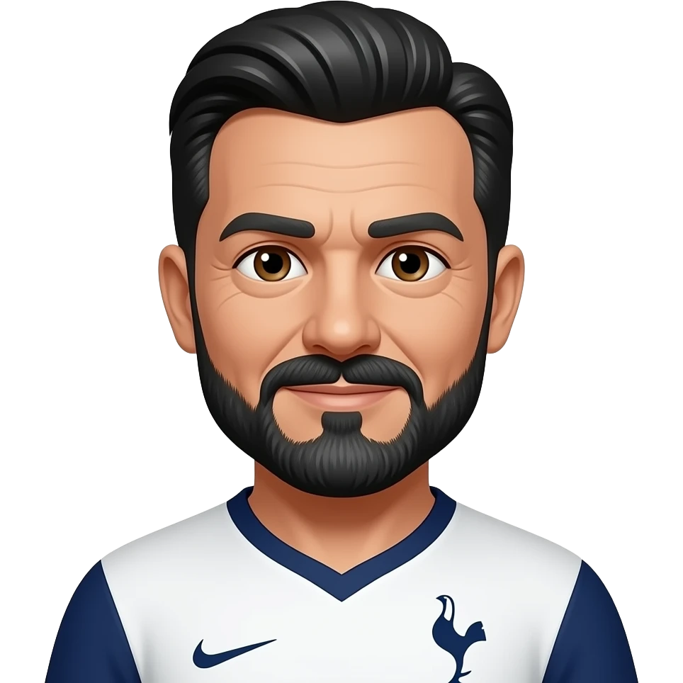 White man in his 50’s. Black and white hair parted in the middle and feathered back. Hair is relatively short. Thin black and grey mustache and beard. More grey than black. Brown eyes. Wearing a Tottenham home jersey. Eyes are smaller, eyebrows are thicker emoji