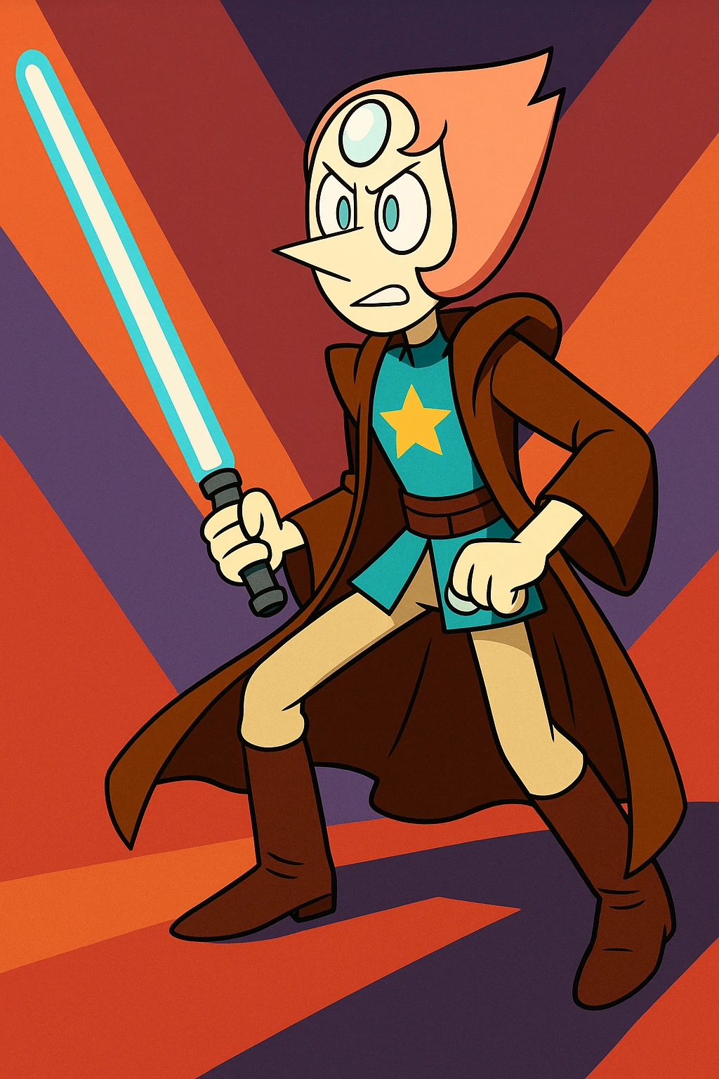 Pearl from Steven Universe in Jedi attire, ready for battle, Star Wars crossover, vibrant colors emoji