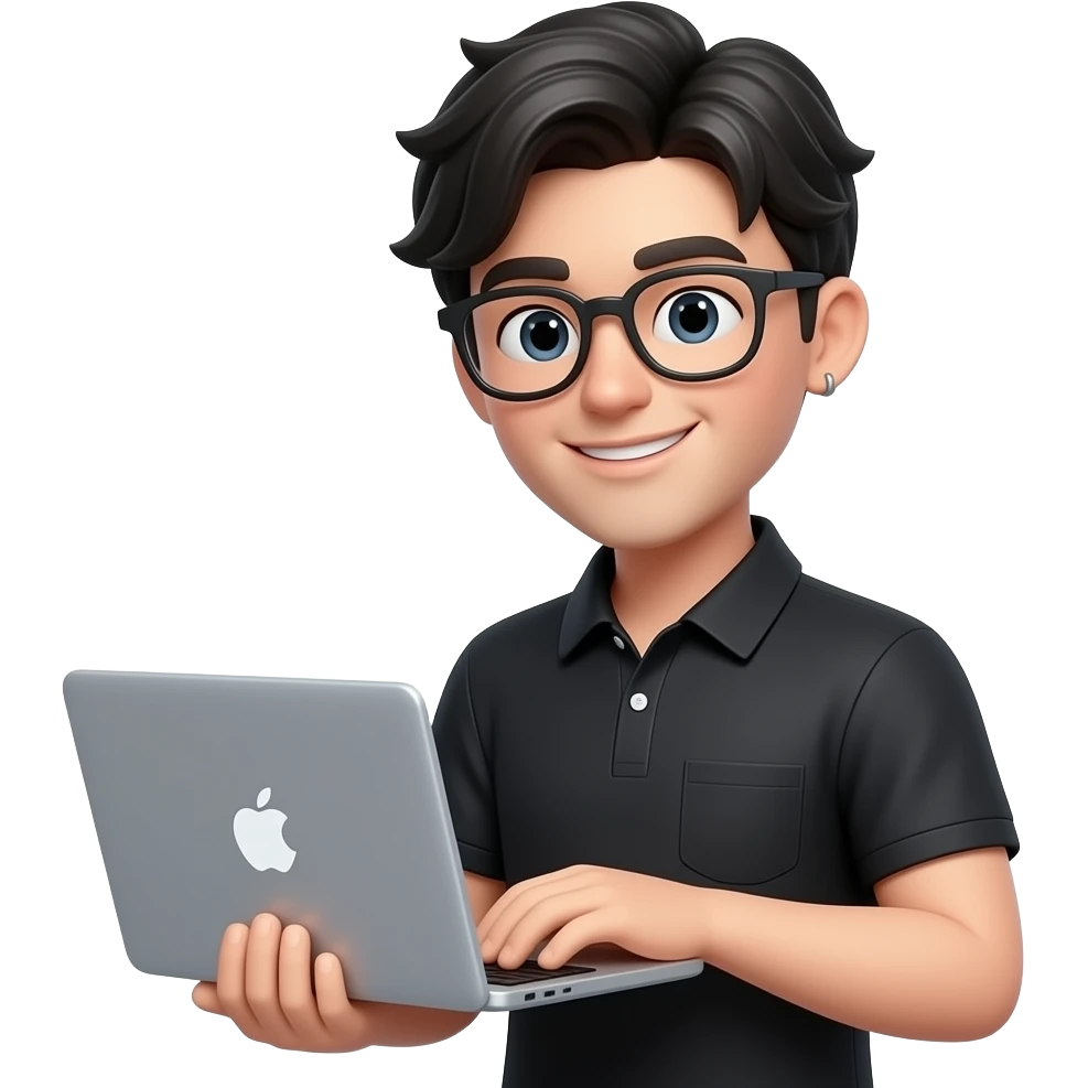 3D Apple Memoji style, 22-year-old male, same laptop pose, black polo shirt, short layered black hair (like reference), slight smile, glasses, no earrings, clean background, soft light, high detail. emoji