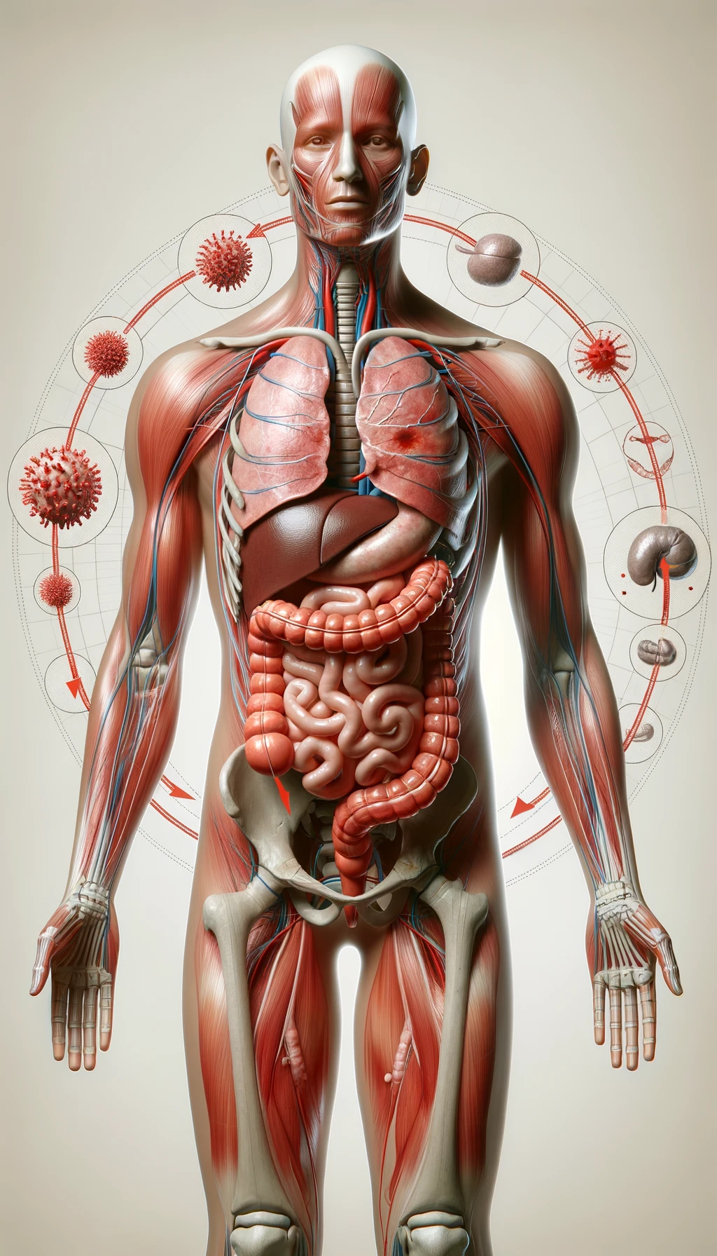 corpo umano anatomico con intestino umano anatomico con frecce 3d che gli girano intorno, sfondo chiaro, iperrealistico 4k emoji