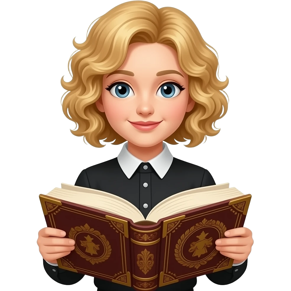 blonde curly bob reading an antique book in a black and white shirt emoji