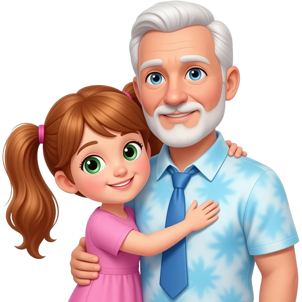 Auburn haired girl child with hazel green eyes twin ponytails wearing an all pink dress hugging a light blue eyed partially balding adult father with side white fringe white eyebrows and white scruff style breard wearing a light blue tye dye polo shirt with no tie emoji