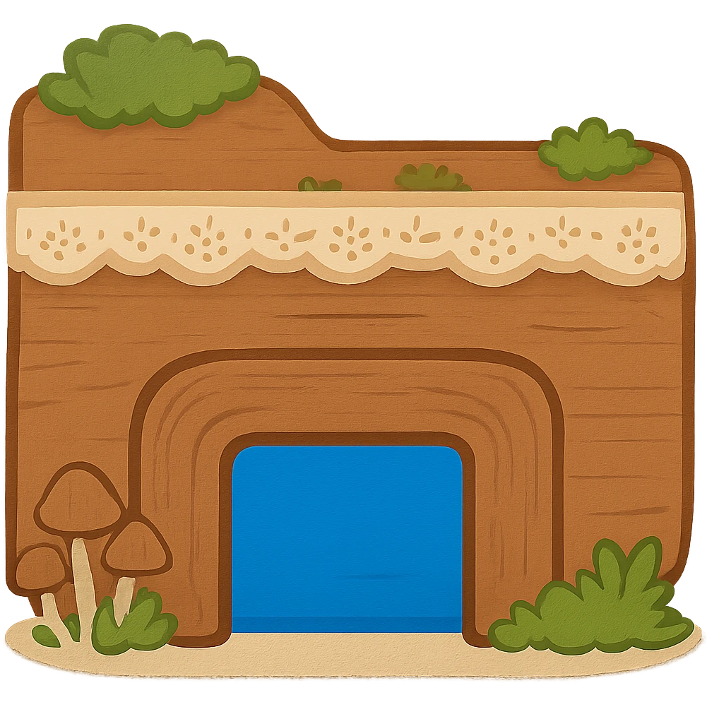Recolor only the archway-shaped piece at the bottom of the folder icon to a bright blue, matching the original File Explorer icon. Keep the rest of the icon unchanged with cottagecore style, soft earthy tones, moss, mushrooms, lace. No words or text. Maintain transparent background. The style should reflect cottagecore aesthetic with soft earthy tones and natural elements. emoji