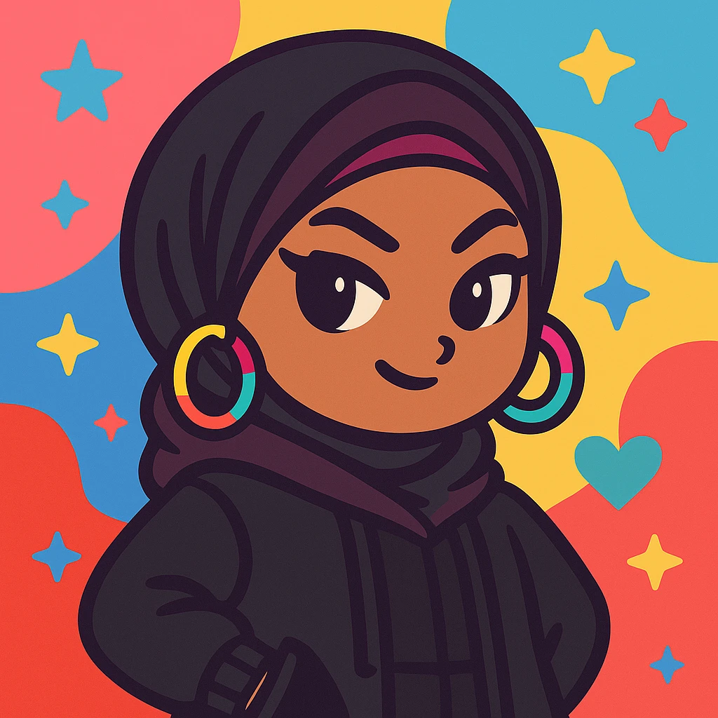 Change the outfit to black or very dark colors while keeping the baddie hijabi style. Show a sassy expression, hoop earrings, winged eyeliner, streetwear, fashionable hijab, urban vibe, and a colorful background. Accessories can stay colorful. emoji