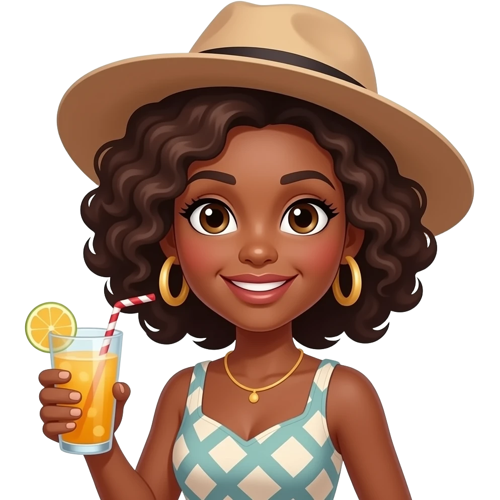 afro lady with brown hairs wear hat and hold drink in left hand emoji