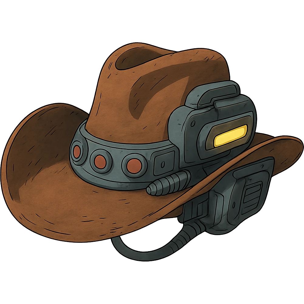 a tricked out futuristic cowboy hat, viewed 2/3 to the front emoji