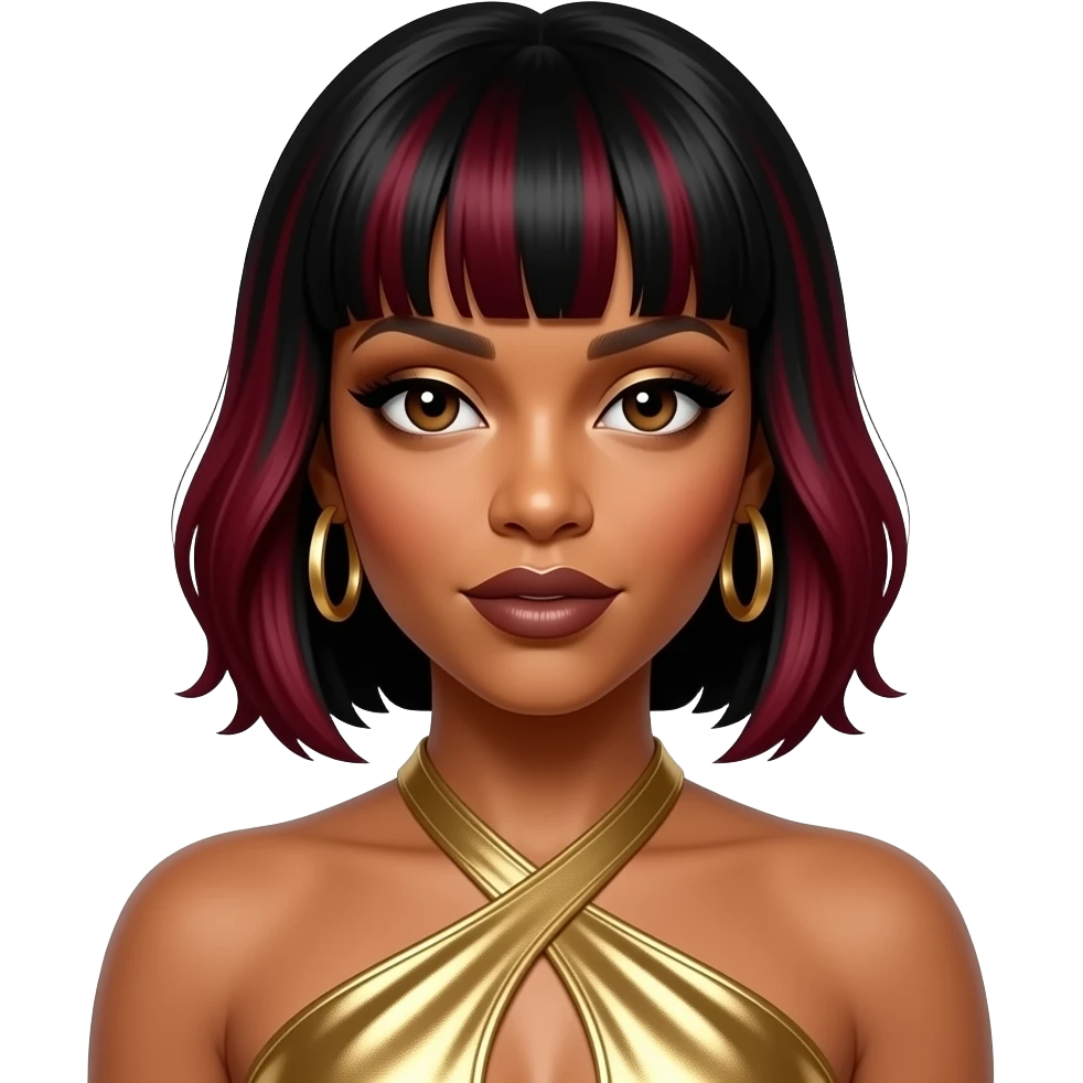 Kelly Rowland from Destiny's Child with dark brown eyes, dark red bang hair with black highlights, gold eyeshadow, dark brown lipstick, gold metallic halter dress, gold earrings emoji