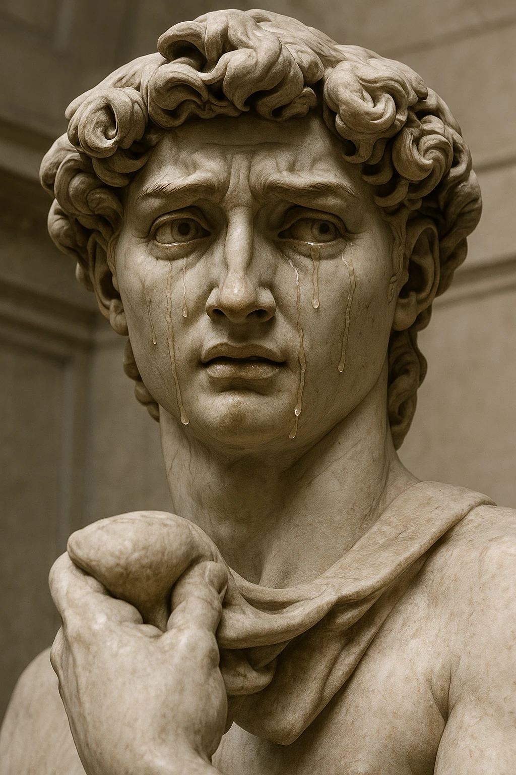 Michelangelo's statue of David with tears, symbolizing the statue crying emoji