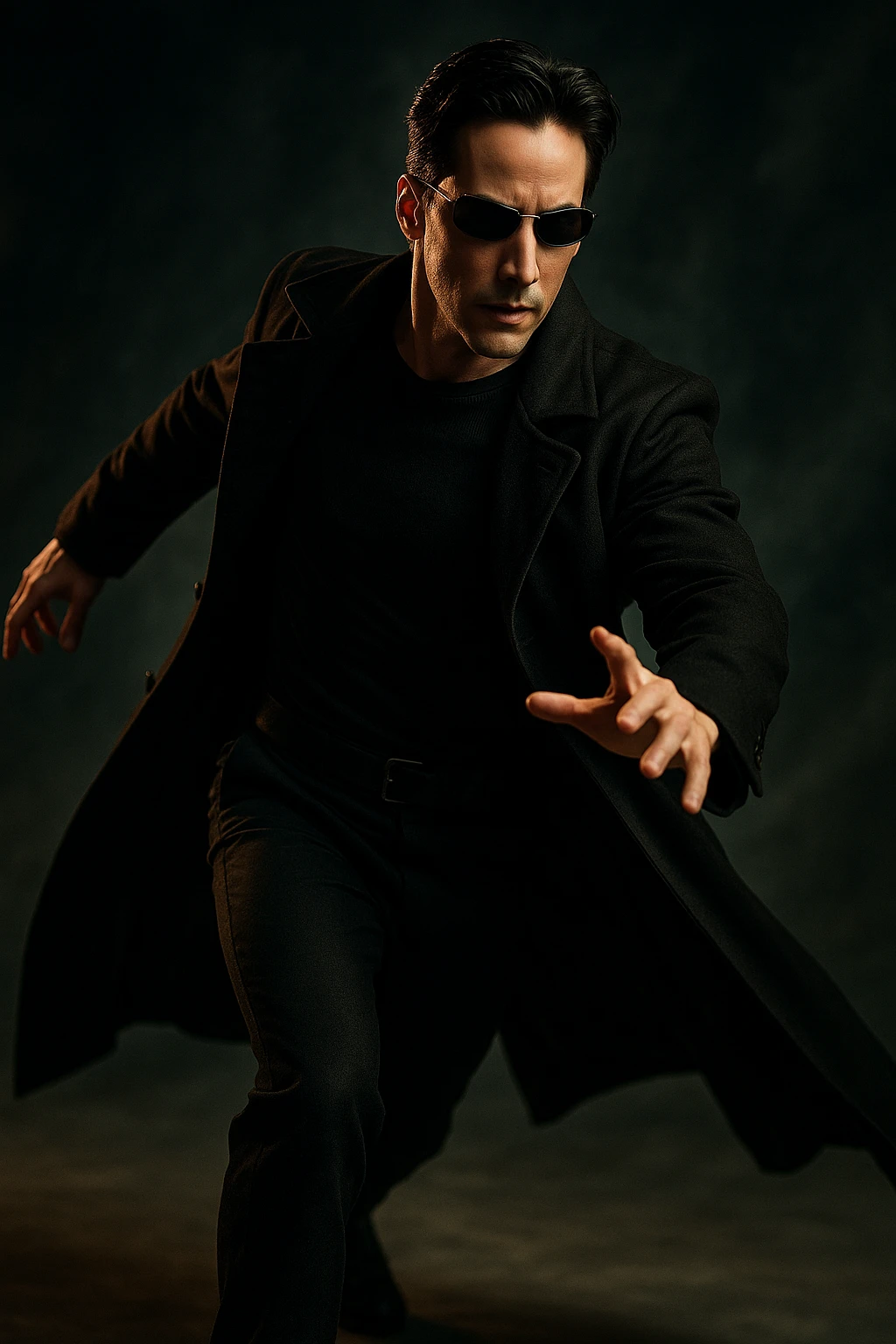 Neo from the Matrix, wearing a long black coat and sunglasses, in a cool action pose, cinematic style emoji