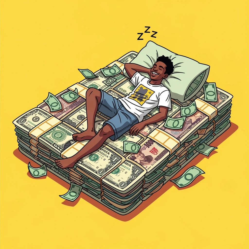 digital vector art of  happy person napping on mattress of money emoji