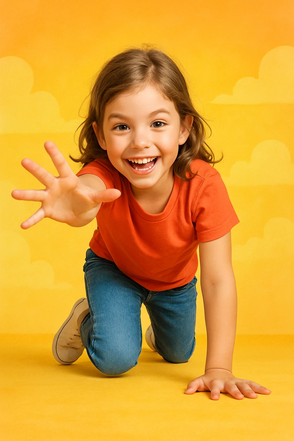 a girl crawling forward, reaching out, energetic, friendly expression emoji