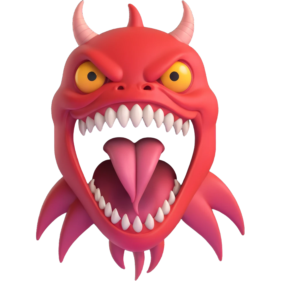 scary monster with huge sharp teeth and a long menacing tongue, intense expression, dark vibrant colors emoji