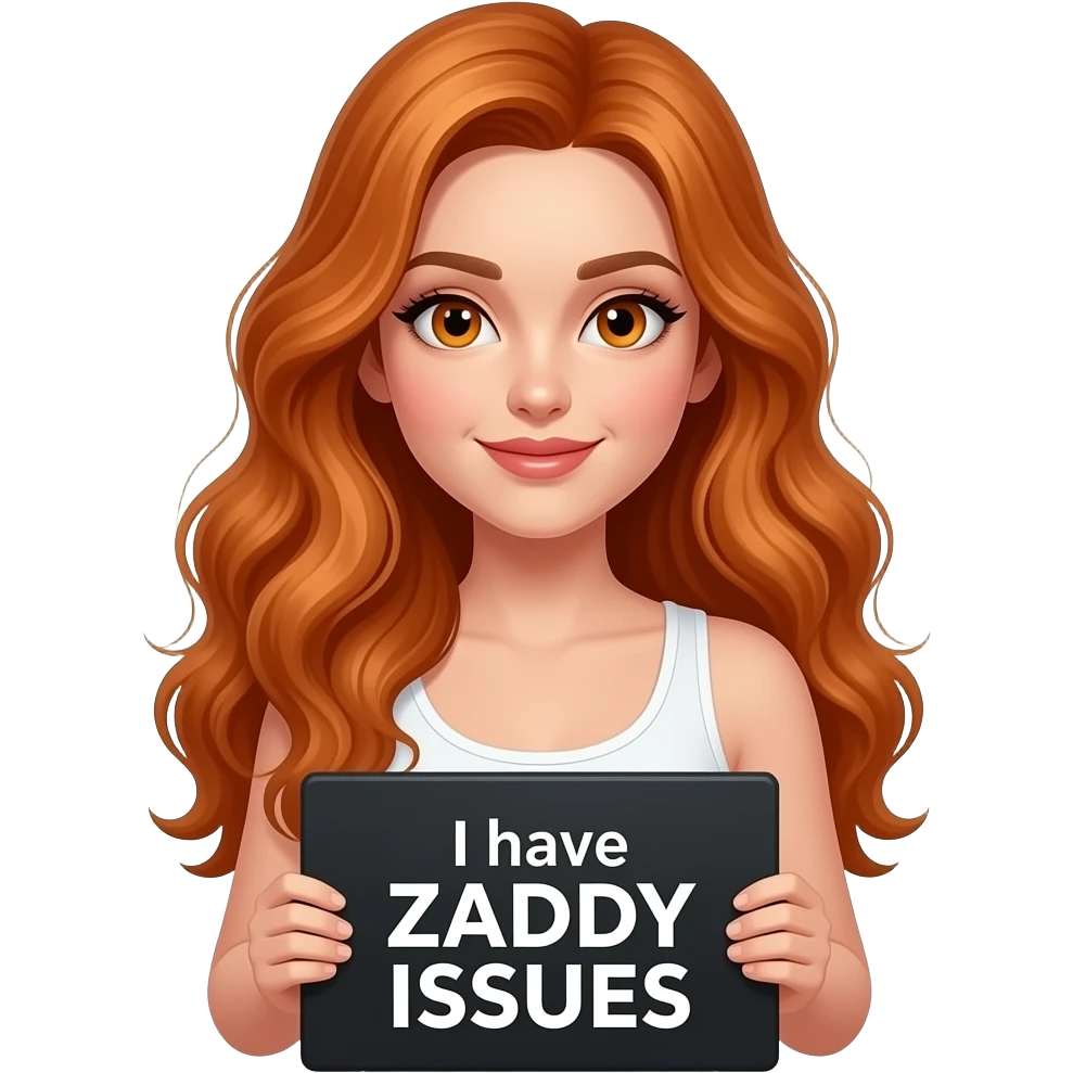 sexy girl with long wavy ginger hair and ginger eyes wearing a white tanktop is holding a black colored sign with I have ZADDY ISSUES written on it emoji