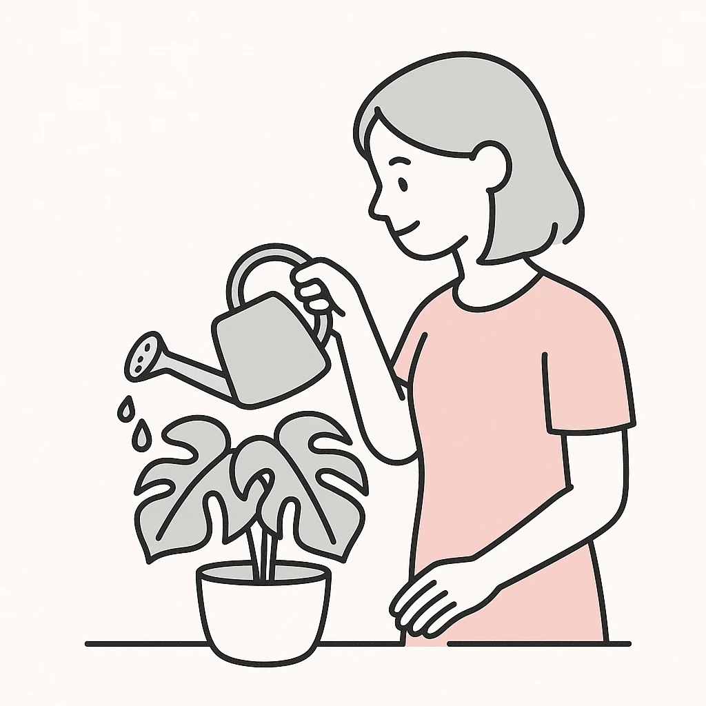 woman watering her monstera plant emoji