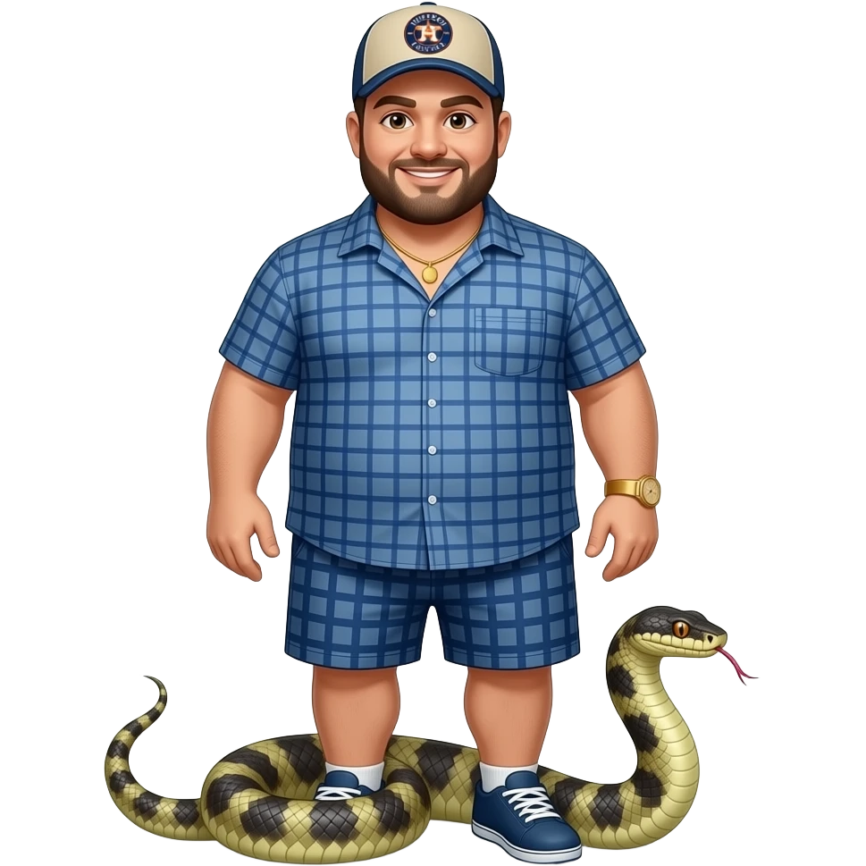 Chubby man with light honey skin tone with lightly shaved black beard and brown eyeswearing a blue button up short sleeve shirt with matching shorts with square pattern design wearing a beige Huston Astros logo baseball cap wearing a gold watch wearing a gold tennis necklace stepping on a snake emoji