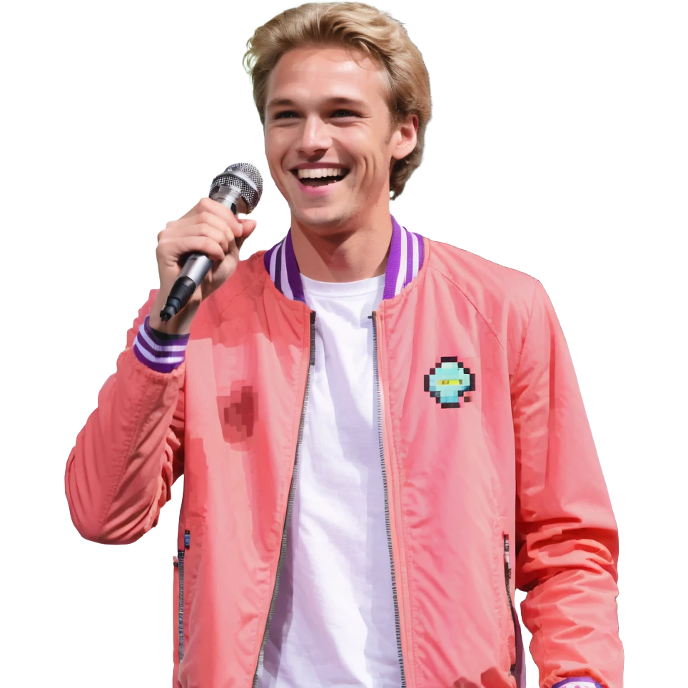 Pixel art style, expressive male performer, Caucasian features, short sandy blonde hair, lively eyes, wide cheerful smile, wearing a coral violet jacket over white tee, tossing a microphone in one hand, waist-up, front-facing emoji