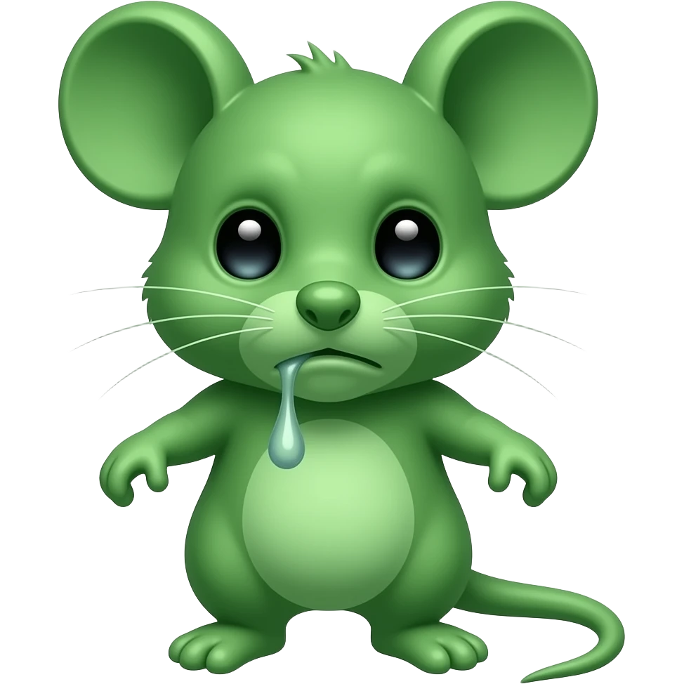 Résultat de la traduction A little green mouse standing upright, with arms and legs that look like those of a little person, staring at us with a disgusted look on its face—it looks like it’s about to throw up. The mouse’s body is entirely green. emoji