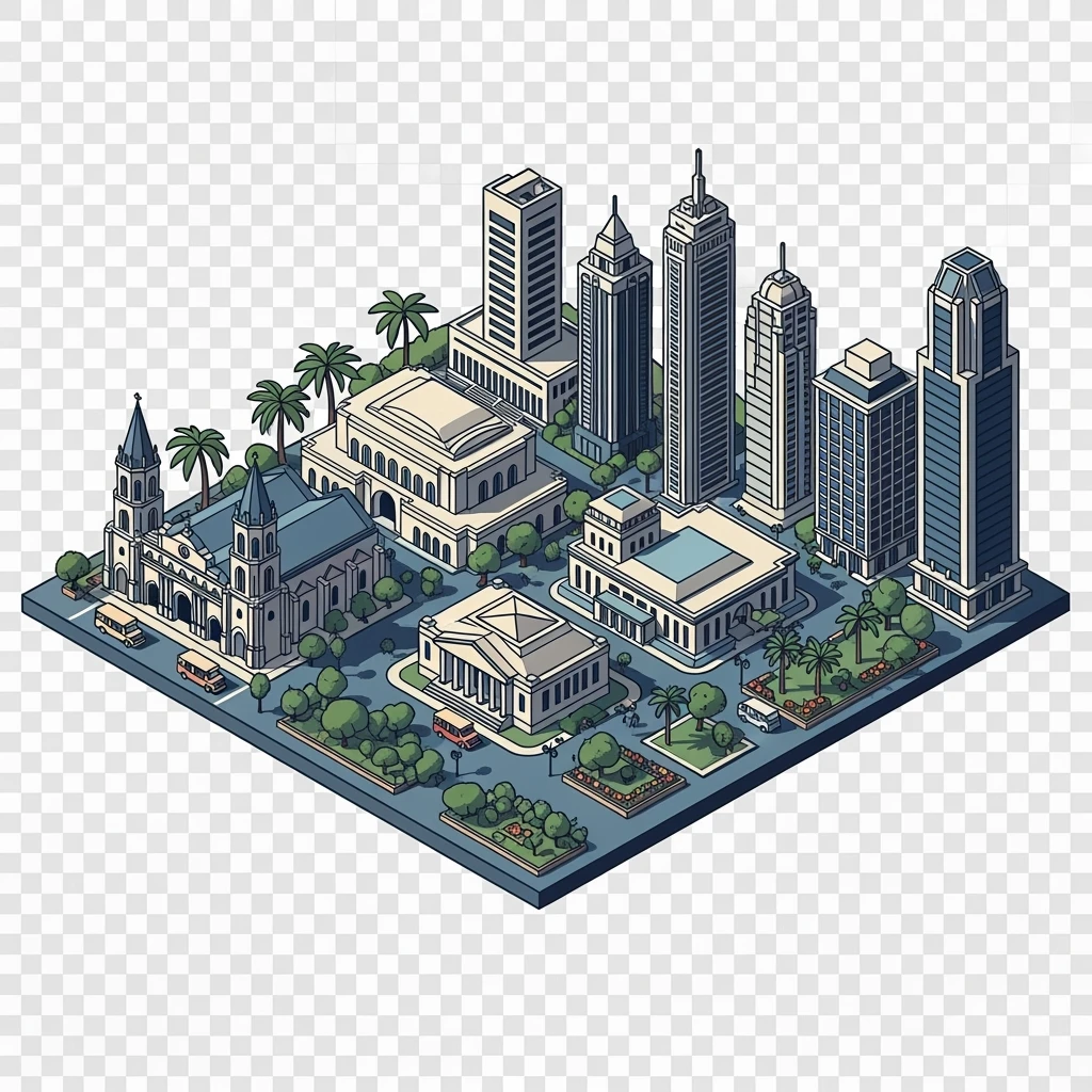 Isometric minimalistic illustration of Manila, subtle 3D miniature effect and Tilt Shift effect, no cartoonish look, transparent background. emoji