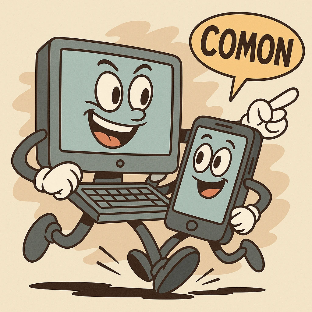 A computer and a phone depicted as allies or fighters for the ComOn service, working together seamlessly. emoji