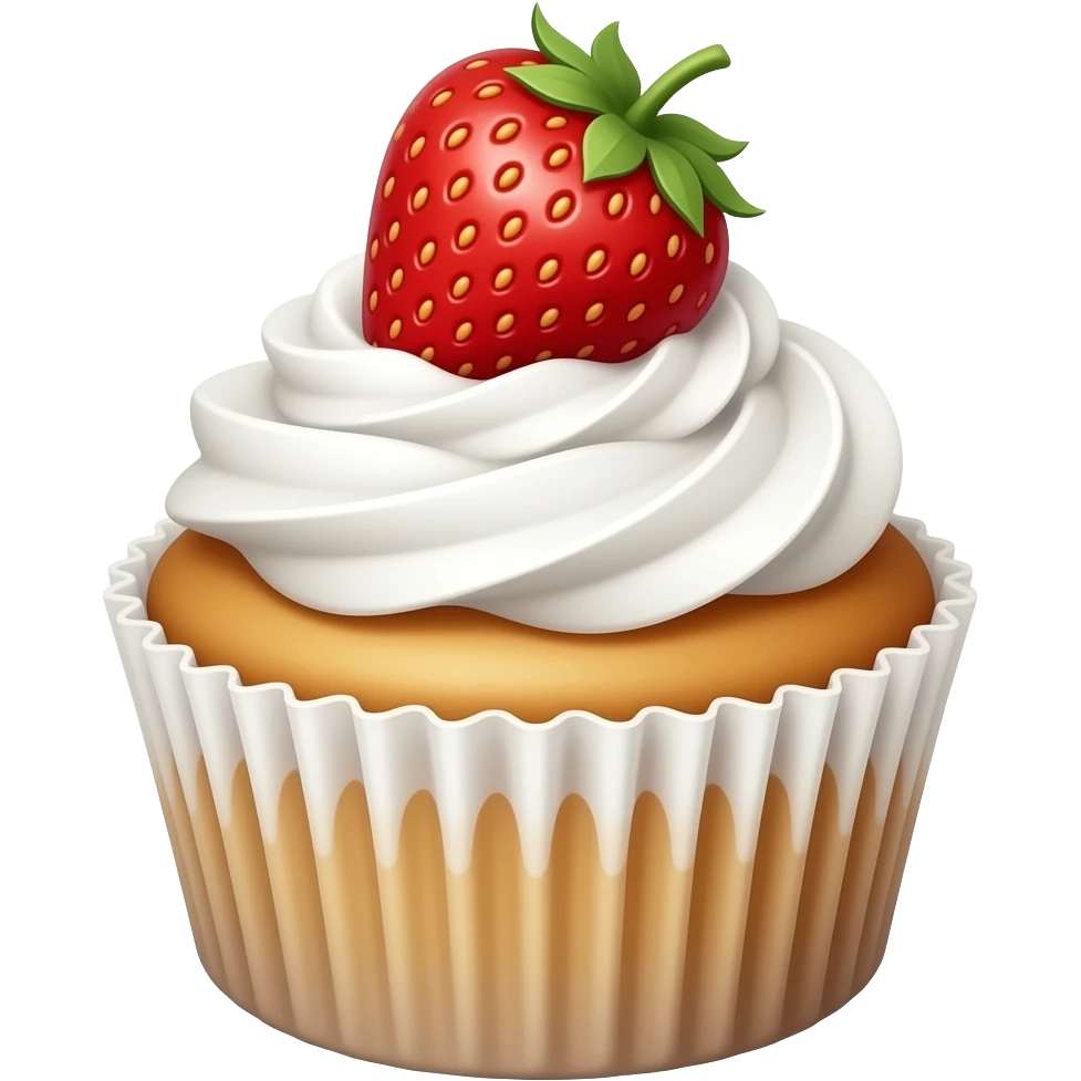 Cupcake with white whipping cream, a strawberry on the top emoji