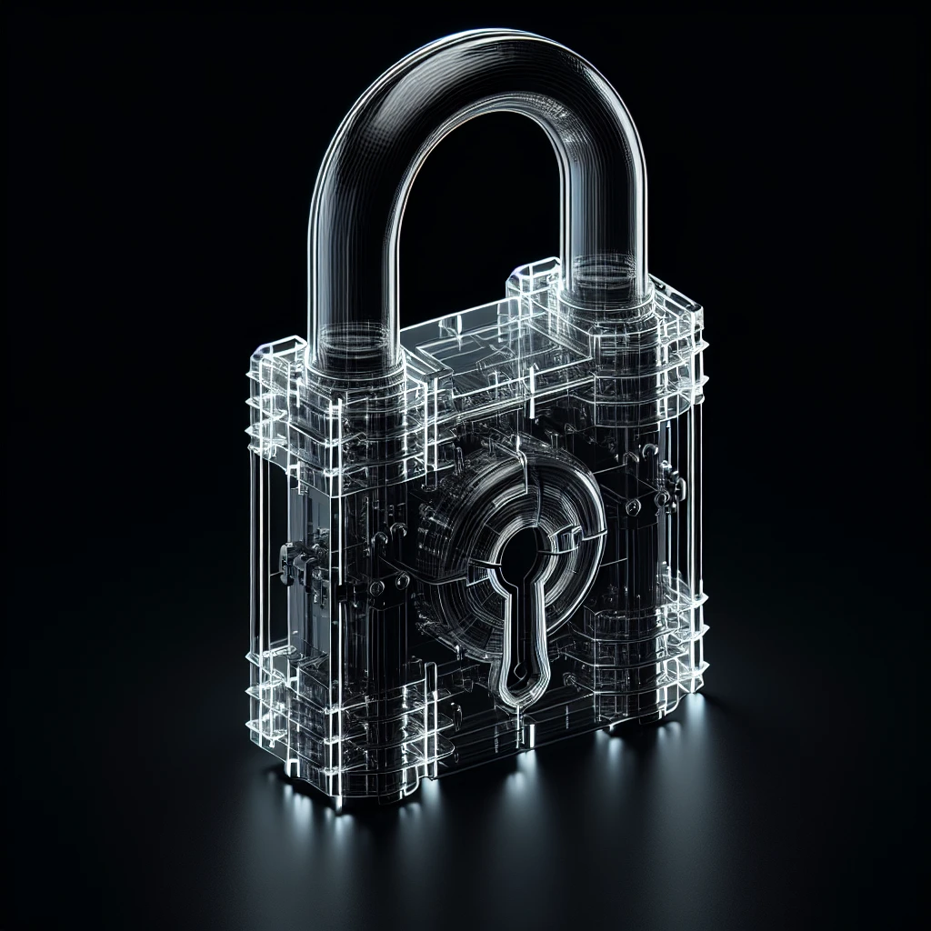 Photo of a 3d made of glass padlock, black void around symmetrical 3d render, rim light emoji