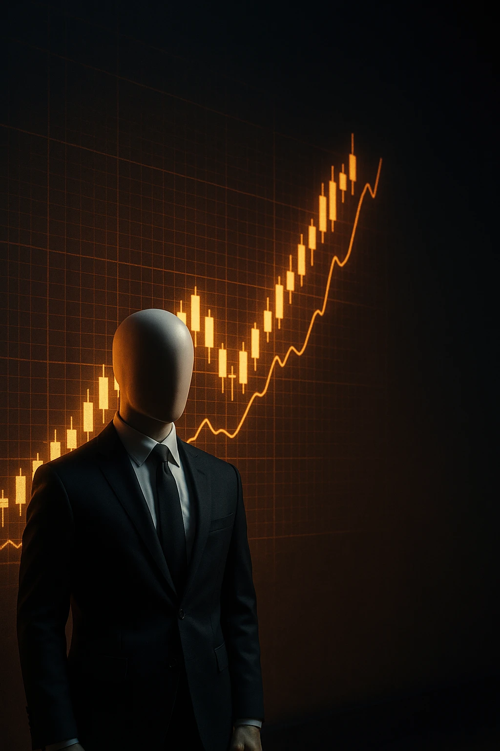 Cinematic 3D render of a faceless mannequin in a suit, standing in front of a giant glowing stock market graph (candlesticks, charts). Large empty wall space on the right for text overlay. Dramatic lighting, deep contrast, epic finance atmosphere. emoji